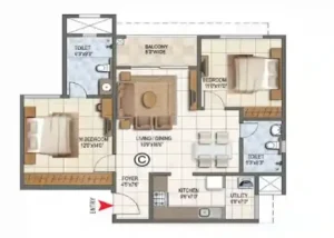 Nikoo Homes Garden Estates Apartment 2 bhk floor plan by Bhartiya Group located at Sadahalli, Devanahalli, Bangalore Karnataka